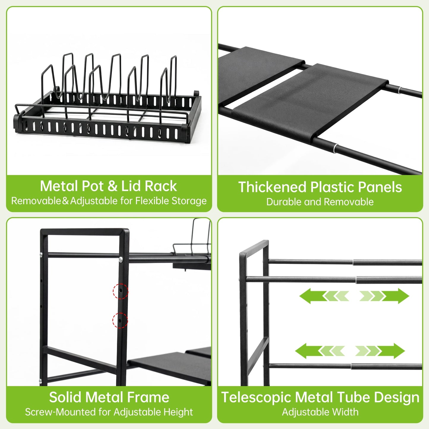 Expandable Pots and Pans Organizer Under Cabinet, 2-Tier Adjustable Pot Rack with 2 Removable Lid Holders, Black