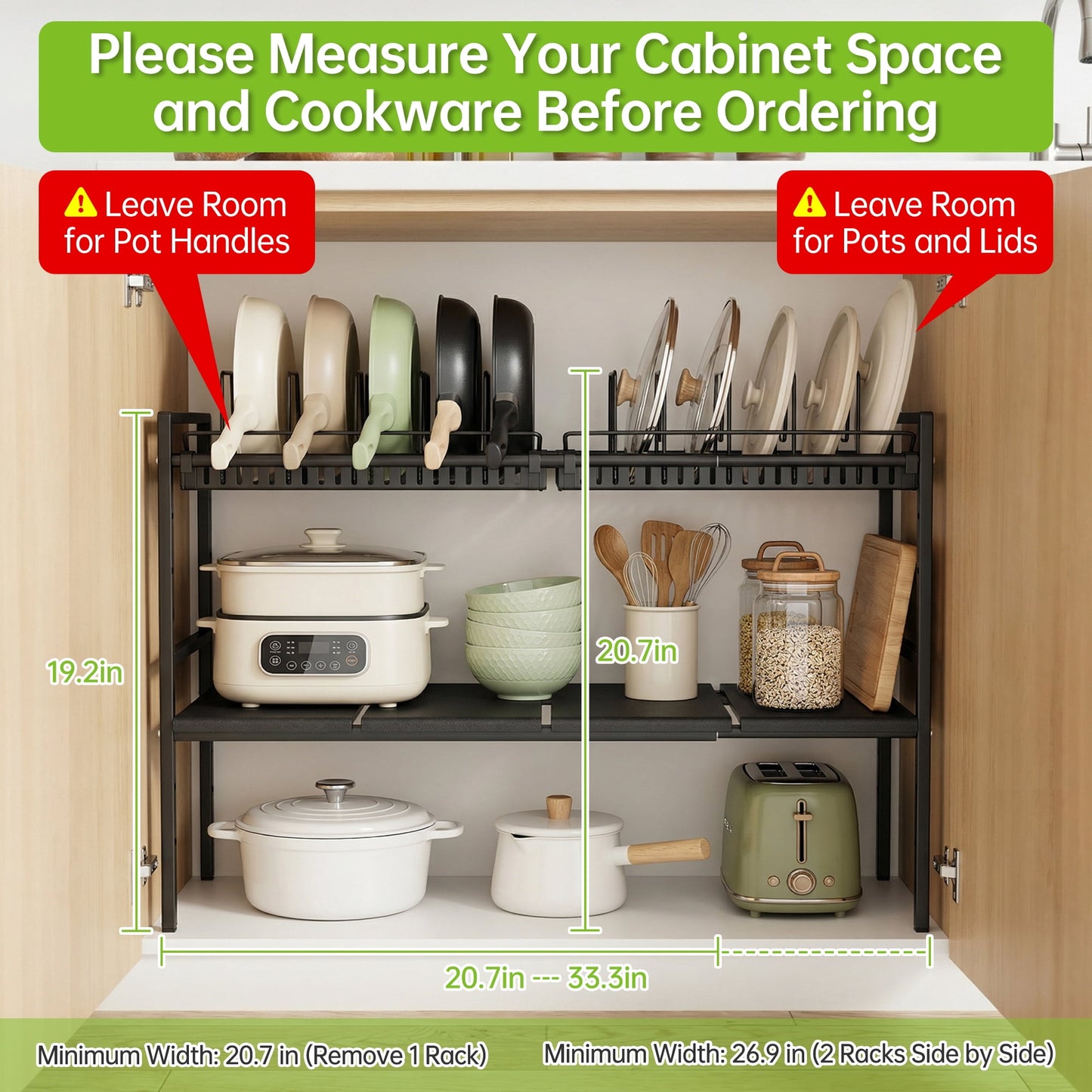 Expandable Pots and Pans Organizer Under Cabinet, 2-Tier Adjustable Pot Rack with 2 Removable Lid Holders, Black