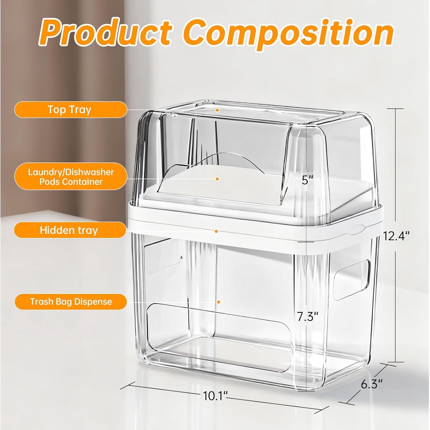 3-in-1 Trash Bag Dispenser, Laundry & Dishwasher Pods Organizer, Garbage Bag Holder, Cleaner Tablets Storage Box, Laundry Room Pantry Kitchen Under Sink Organizer Bin, Clear