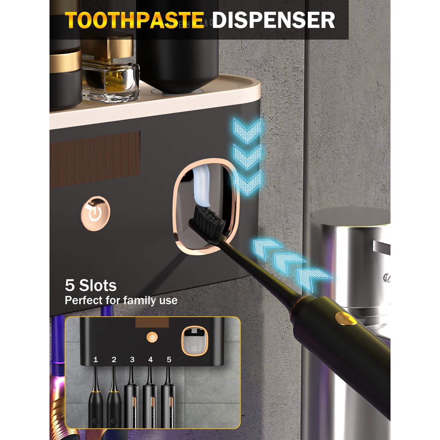 Toothbrush Holders for Bathrooms, UV Toothbrush Sanitizer Wall Mounted with Toothpaste Dispenser, Large Capacity Tray, Tooth Brushing Holder & Bathroom Accessories
