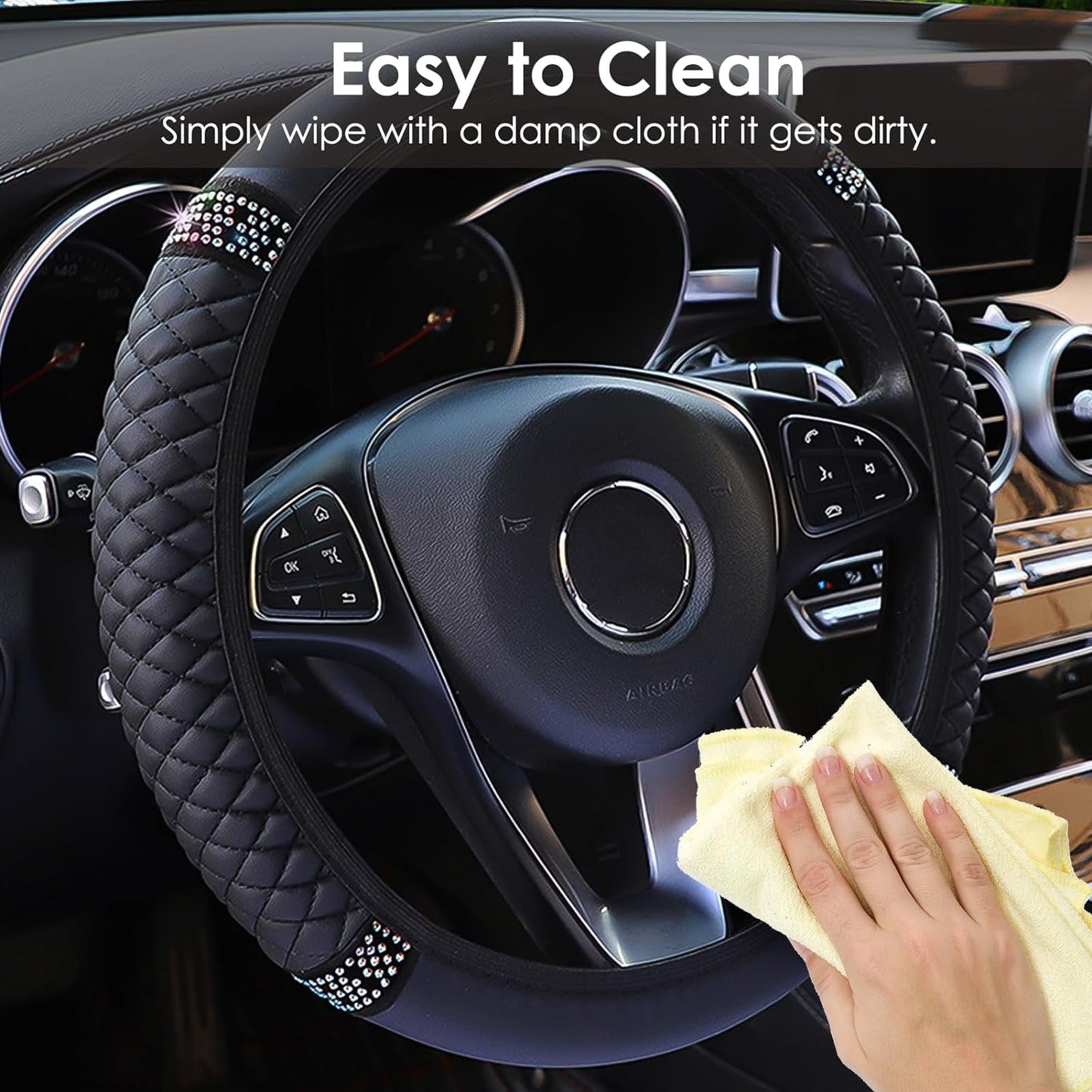 Sentryse Leather Car Steering Wheel Cover with Anti-Slip Lining, Universal 15 inch, Black